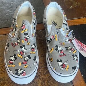 Vans Kids Gray Slip-On Sneakers with Mickey Mouse Print